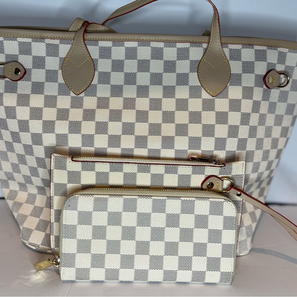 Checkered Beige and Cream Tote Bag Set